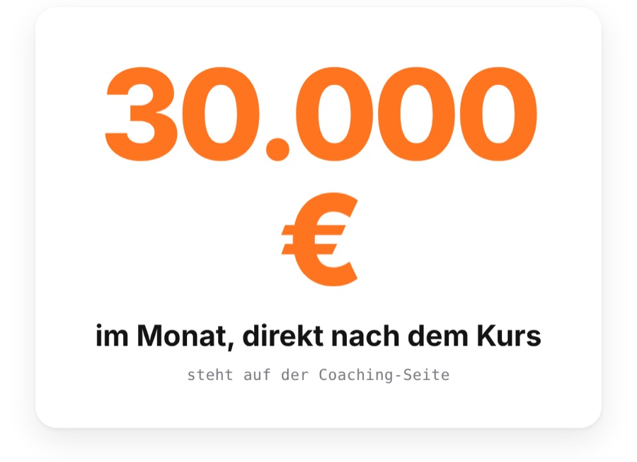 30.000 Euro im Monat direkt nach dem Kurs, steht auf der Coaching-Seite