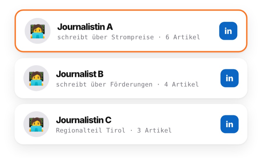 Drei Journalisten mit Thema, Anzahl Artikel und LinkedIn-Link